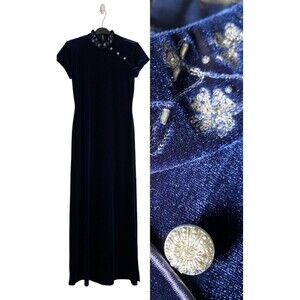 Vintage 80's Arianna Dress Gown 10 Navy Velour Mandarin Neck Embroidered Maxi‎
